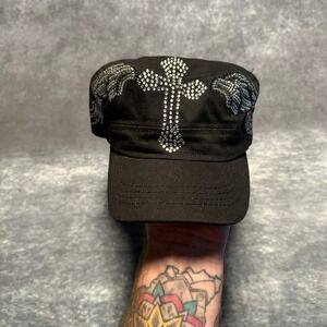 Y2K  Cross Wings Rhinestone Hat Black Cadet Military Style Cap
